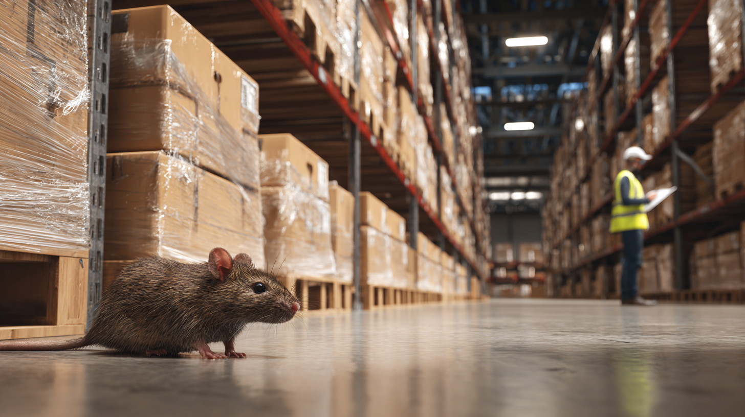 Roedor junto a cajas de mercadería en bodega de almacenamiento con operario al fondo