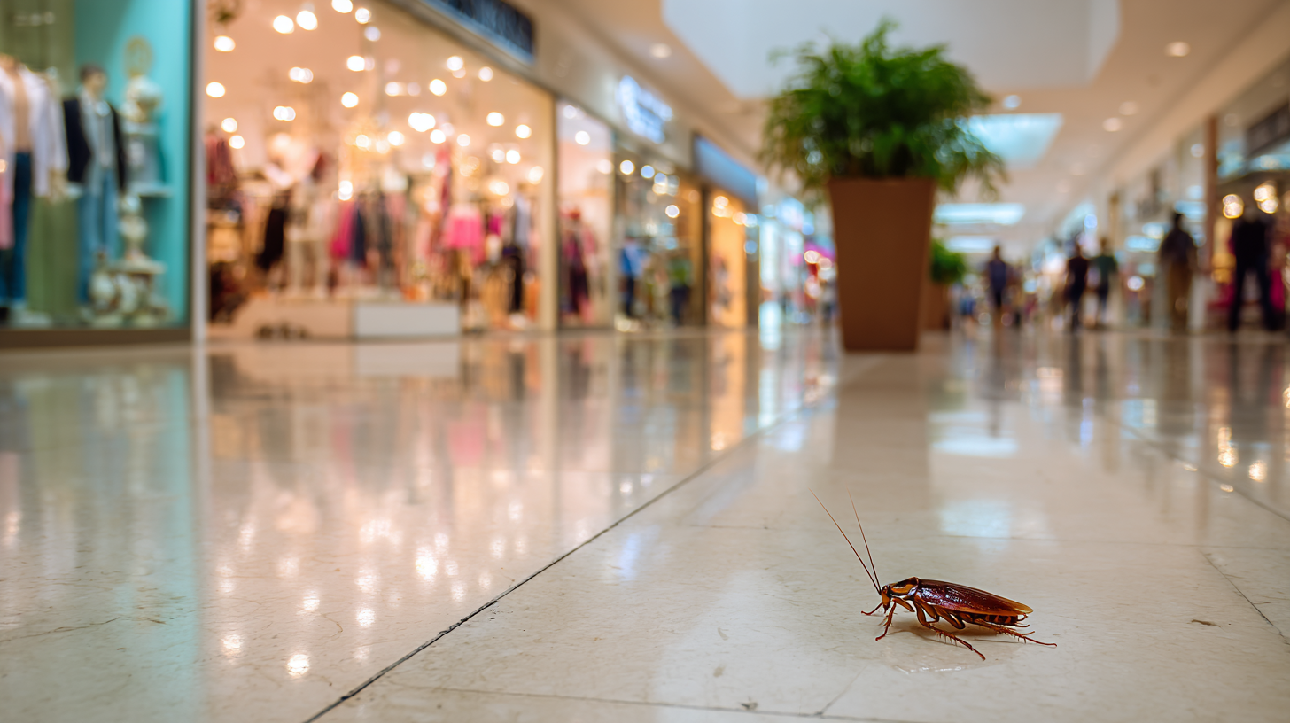 Cucaracha en pasillo de centro comercial con tiendas iluminadas y visitantes al fondo