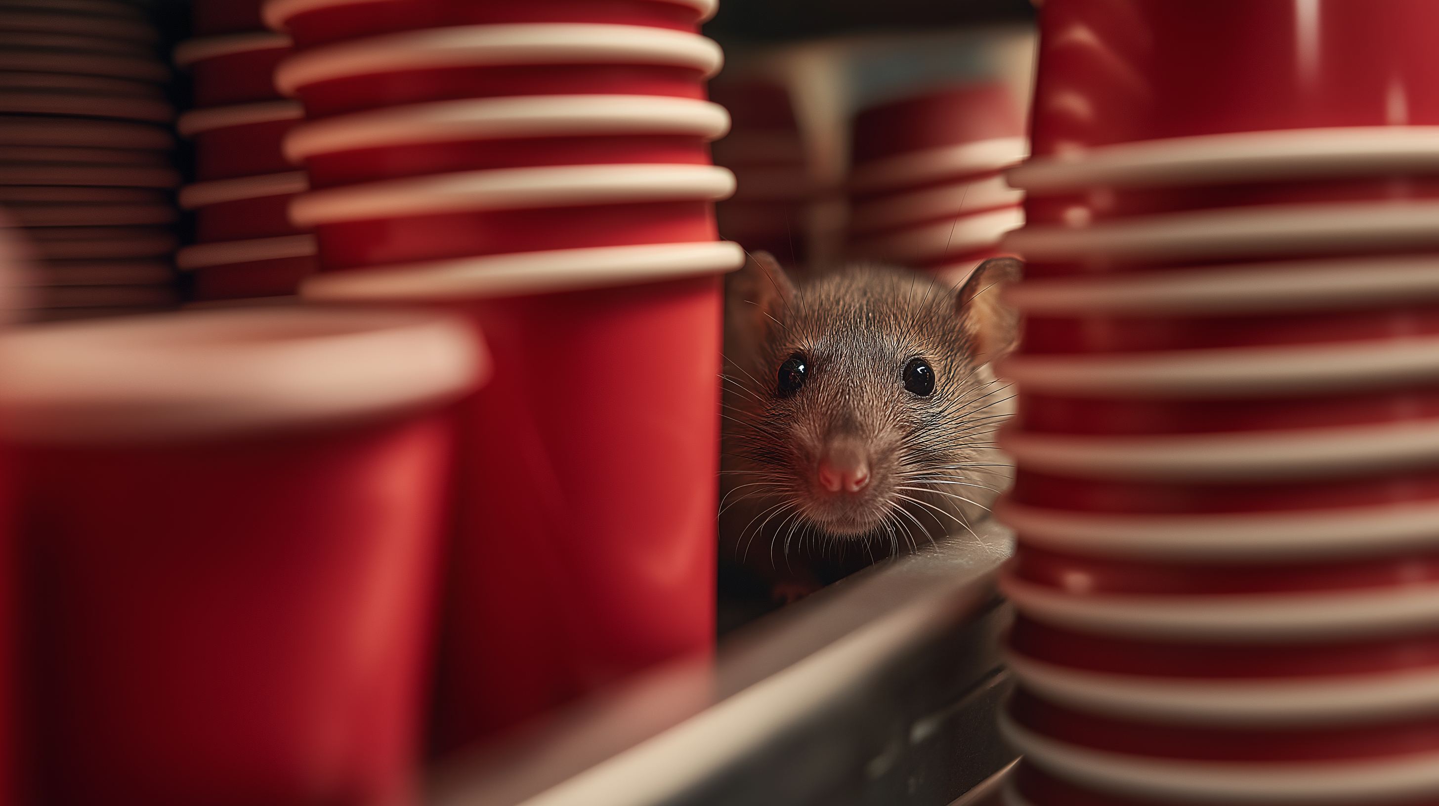 Roedor escondido entre utensilios en un negocio local, representando el riesgo de plagas en pequeños comercios