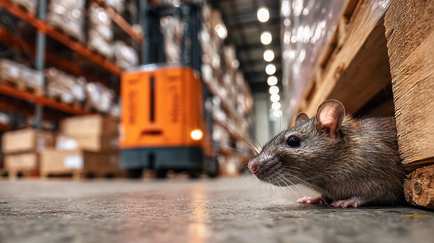 Roedor en bodega de almacén con estanterías y montacargas, ilustrando plagas en operaciones con múltiples ubicaciones