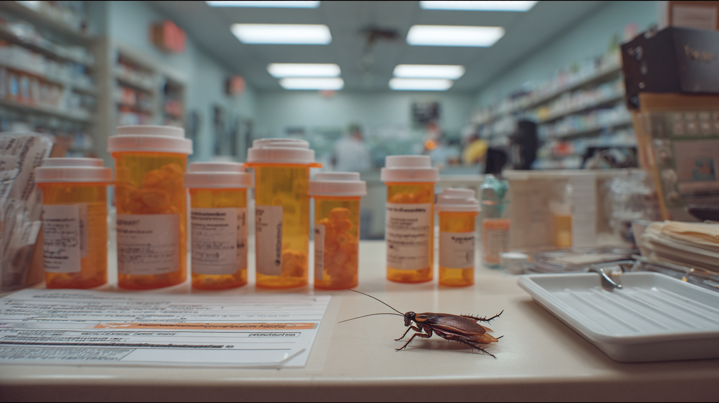 Cucaracha sobre mostrador de farmacia junto a frascos de medicamentos, mostrando riesgos de contaminación en farmacias