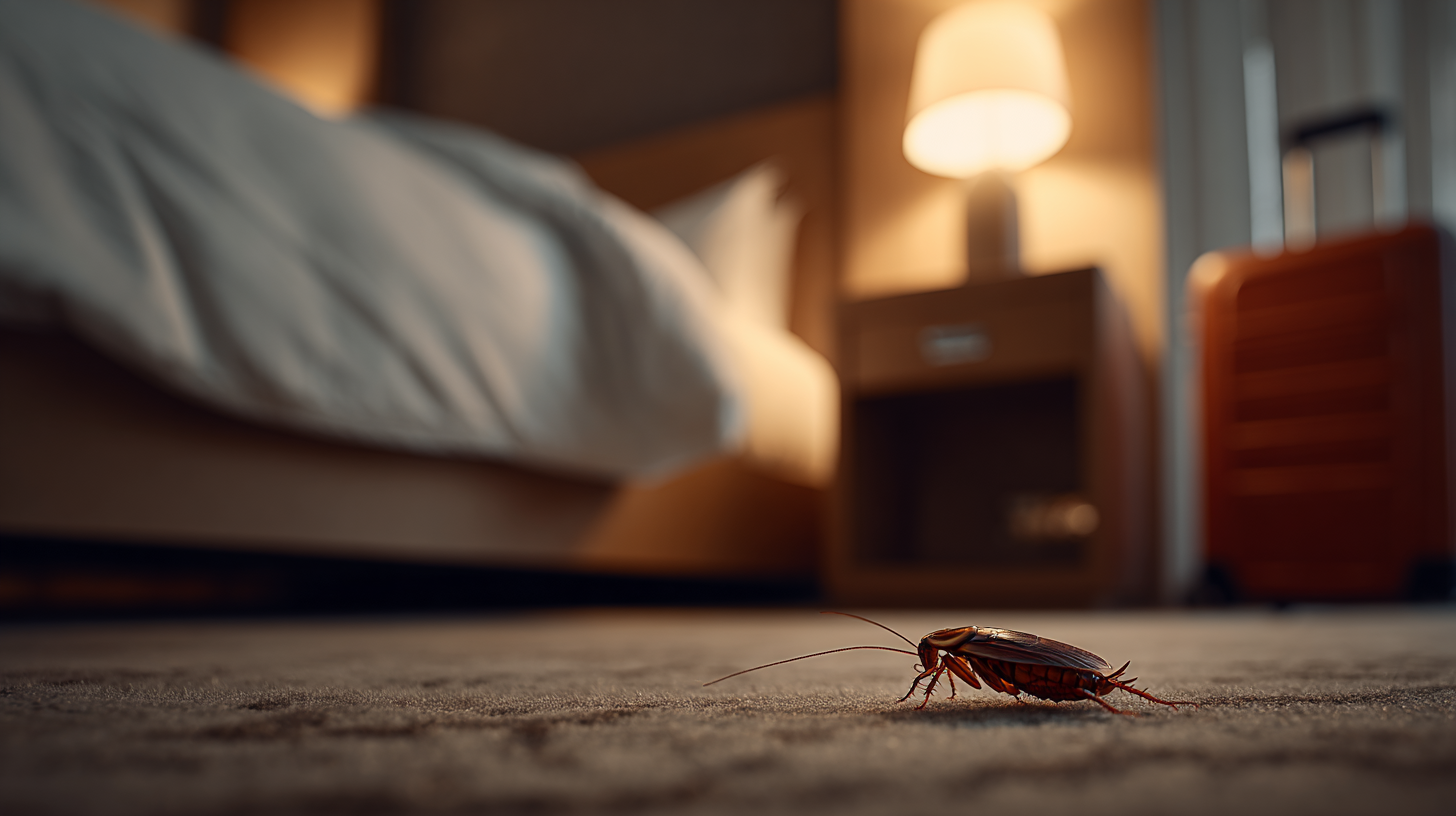 Cucaracha en el piso de una habitación de hotel junto a la cama y equipaje de huésped