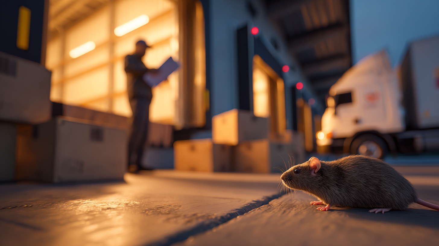 Roedor en zona de carga industrial al atardecer con operario y camiones de fondo