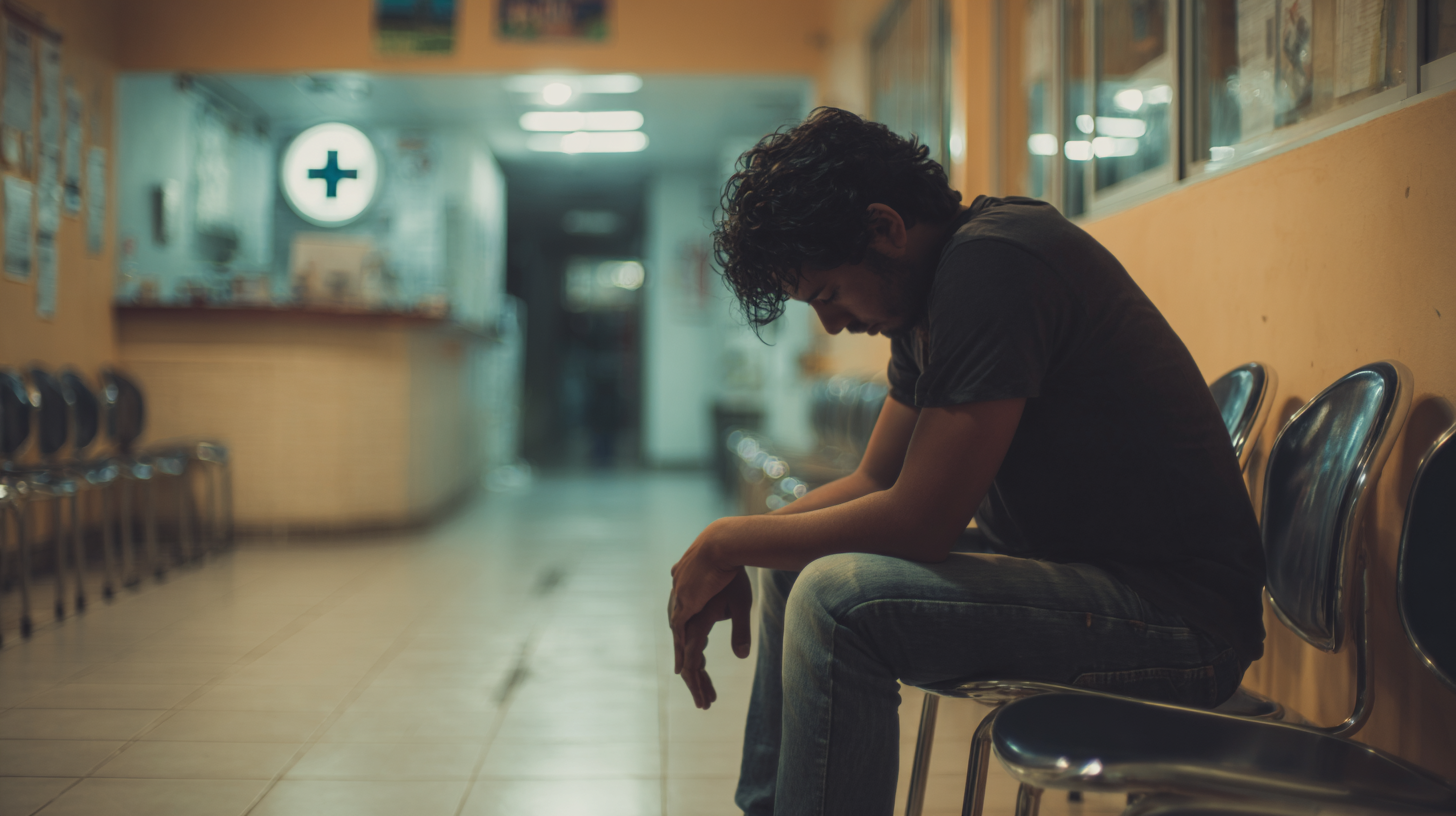 Persona esperando en sala de espera de clínica, mostrando el impacto de enfermedades prevenibles con protección microbiana adecuada