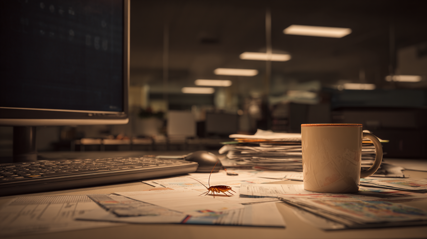 Cucaracha sobre escritorio de oficina junto a teclado, documentos y taza de café