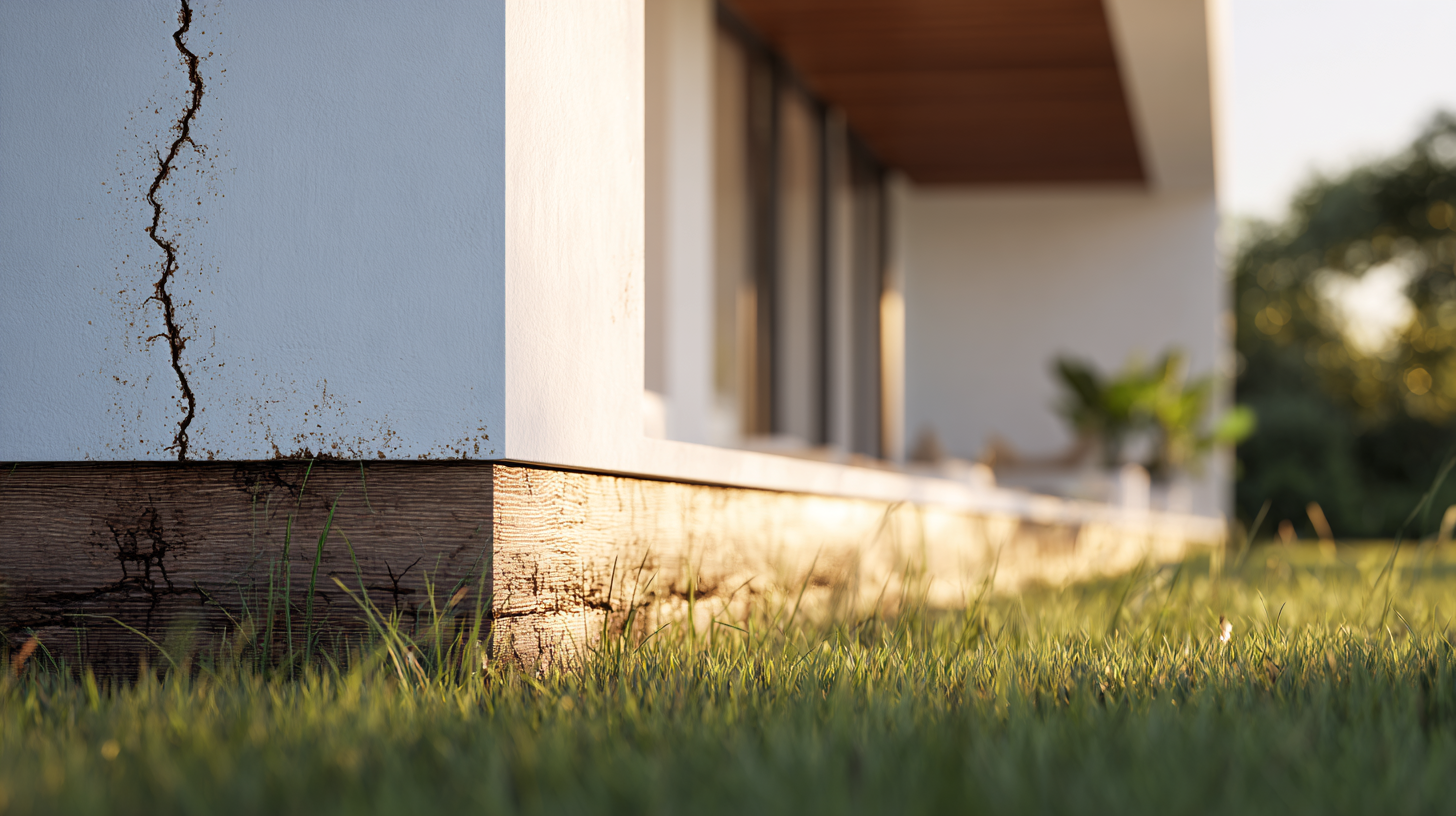 Tubos de barro de termitas subterráneas en cimiento blanco de casa moderna con jardín bien cuidado al fondo