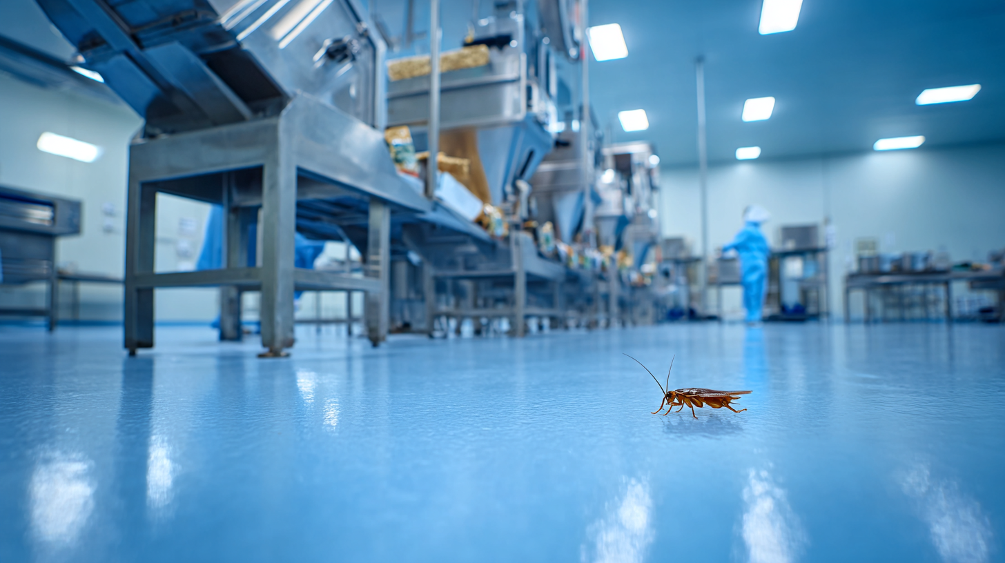 Cucaracha en piso de planta de procesamiento de alimentos con maquinaria industrial y operario al fondo