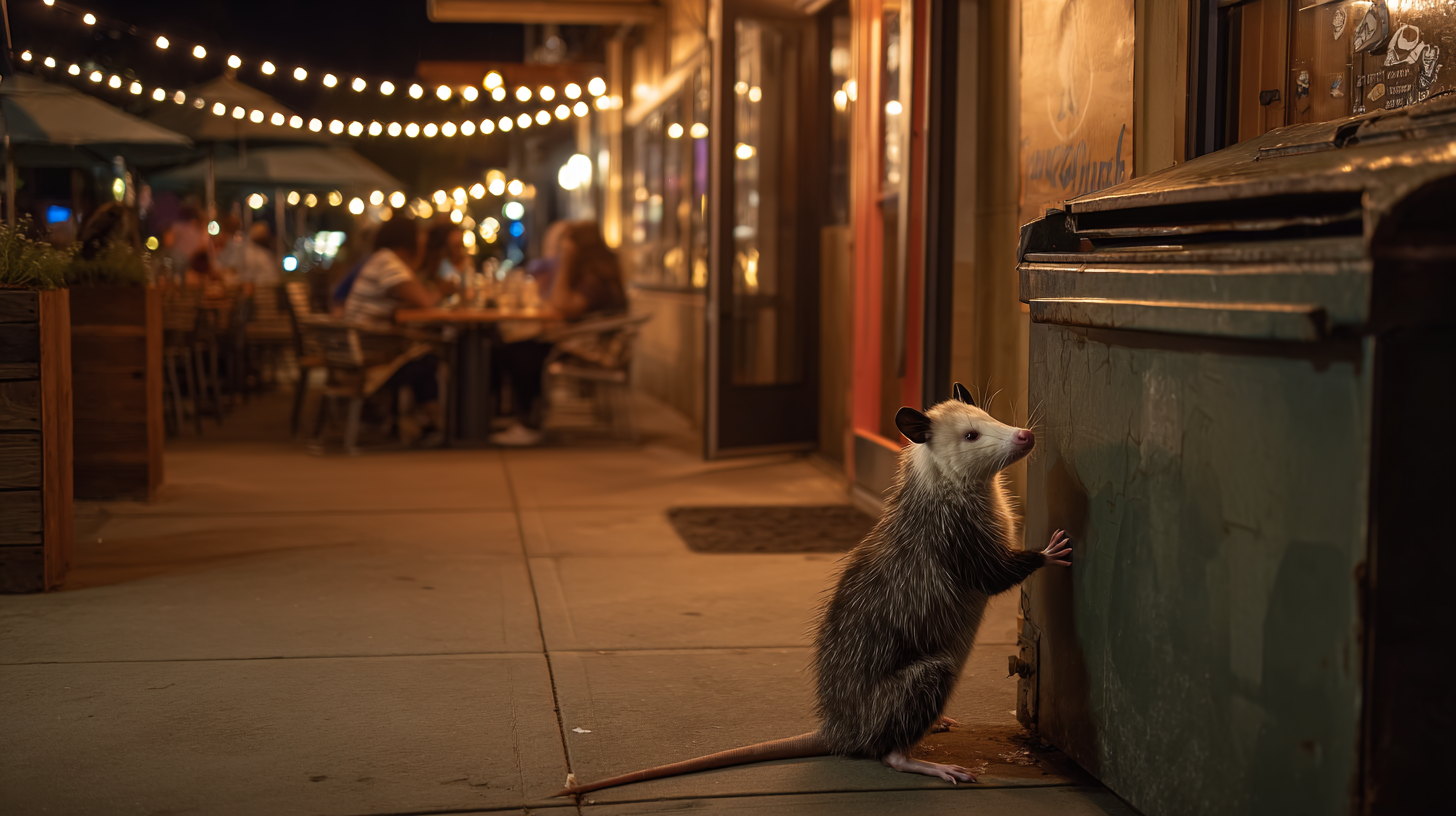 Zarigüeya junto a contenedor de basura afuera de restaurante con comensales al fondo en plaza comercial