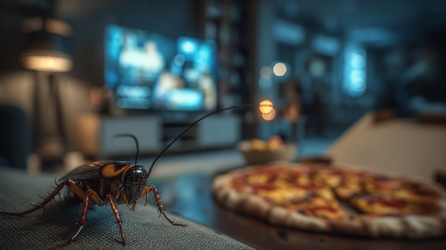 Cucaracha sobre sofá junto a comida en sala de estar, ilustrando el riesgo de plagas residenciales en Honduras