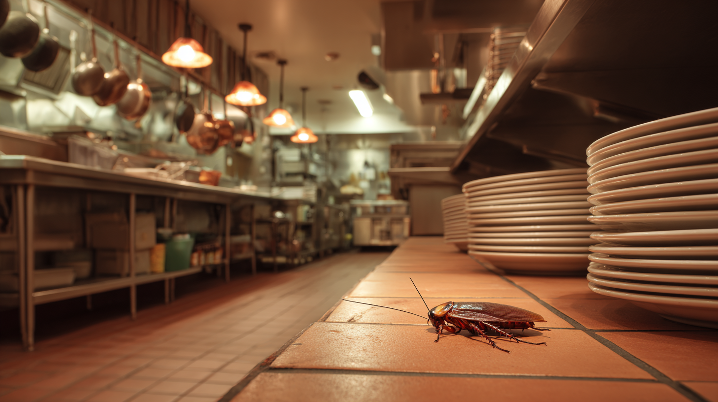 Cucaracha en piso de cocina comercial junto a platos apilados y ollas colgantes en restaurante